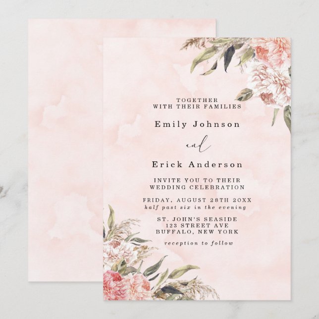 Boho Pink Peony Pampas Grass Wedding Einladung (Vorne/Hinten)