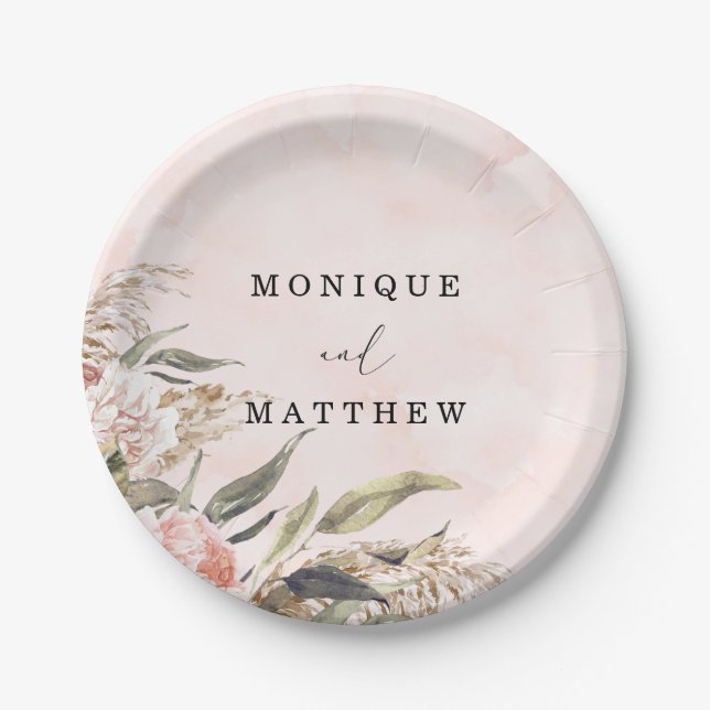 Boho Pink Peony Pampas Grass Wedding Pappteller (Vorderseite)