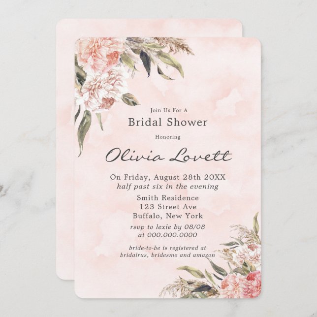 Boho Pink Peony Pampas Invitations de douche nupti (Devant / Derrière)