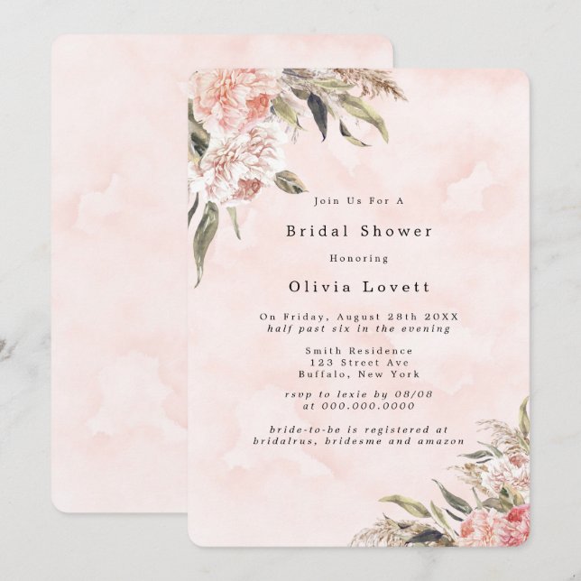 Boho Pink Peony Pampas Invitations de douche nupti (Devant / Derrière)