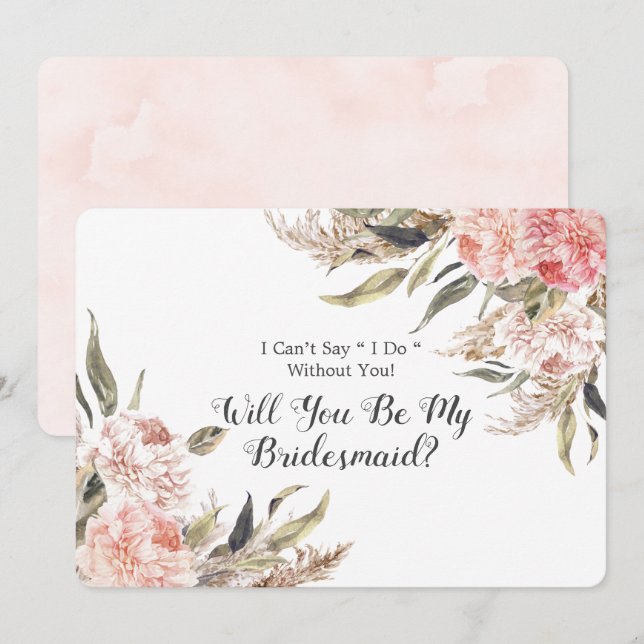 Boho Pink Peony Pampas wirst du meine Bridesmaid s Einladung (Vorne/Hinten)