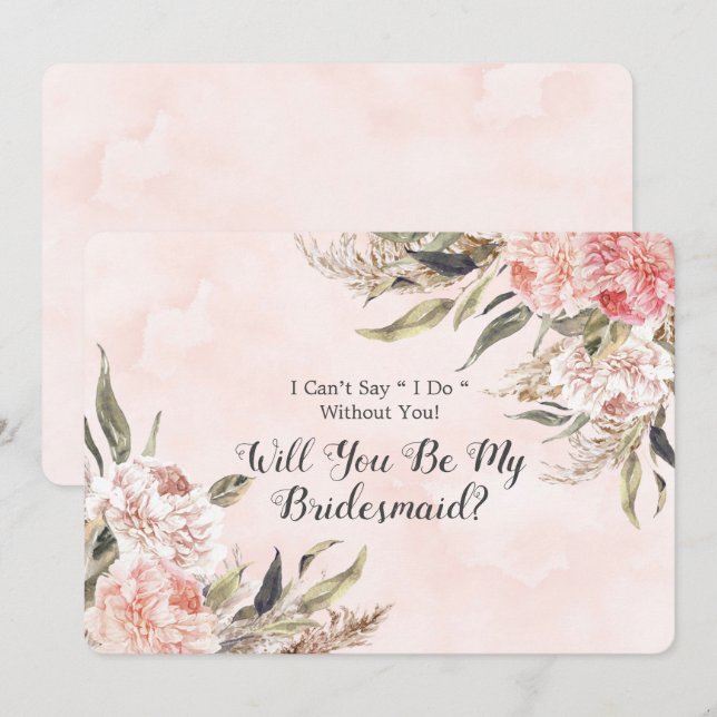 Boho Pink Peony Pampas wirst du meine Bridesmaid s Einladung (Vorne/Hinten)