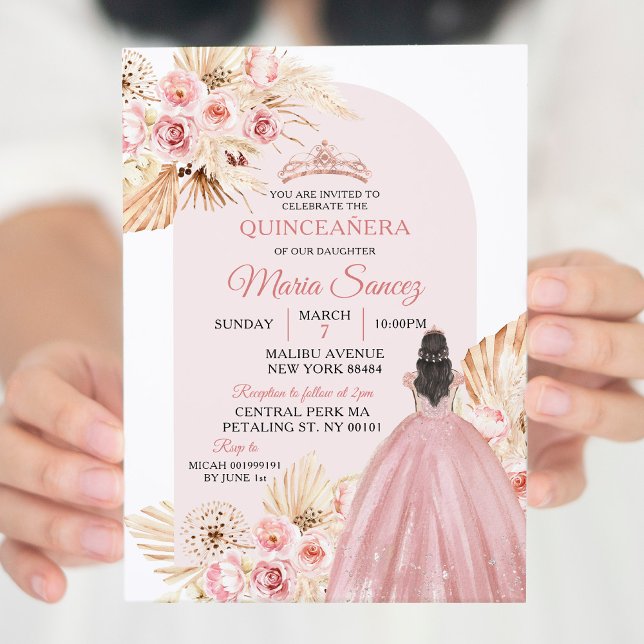 Boho Pink Princess Floral Mis Quince Invitation (Créateur téléchargé)