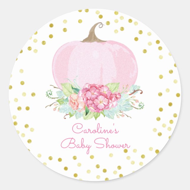 Boho Pink Pumpkin Gold Dots Baby Girl Dusche Runder Aufkleber (Vorderseite)