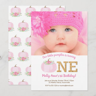 Boho Pink Pumpkin Herbst 1. Geburtstags-Girl-Foto Einladung