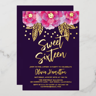 Boho Pink Purple Blumen Sweet 16 Folieneinladung