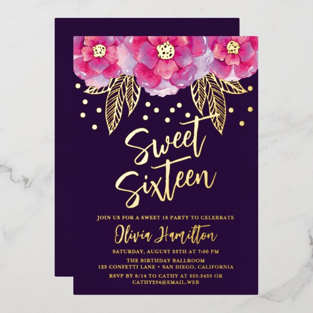 Boho Pink Purple Blumen Sweet 16 Folieneinladung (Vorderseite/Rückseite)