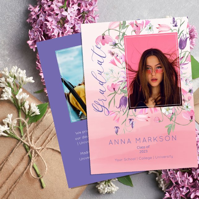 Boho Pink | Purple Watercolor Wildflowers Graduate Einladung (Von Creator hochgeladen)