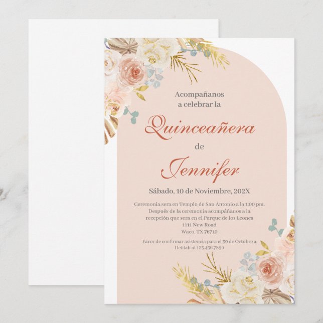 Boho Pink Quinceanera Einladung (Vorne/Hinten)