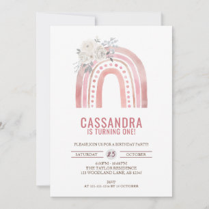 Boho Pink Rainbow Geburtstag, Rose 1. Geburtstag Einladung