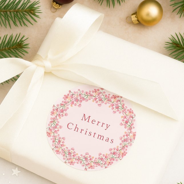 Boho Pink & Red Berry Watercolor Weihnachtsfeier Runder Aufkleber (Von Creator hochgeladen)