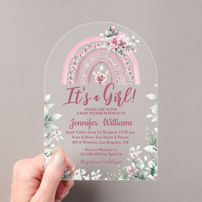 Boho pink Regenbogen Blumenmädchen Babydusche Acryleinladungen (Insitu (Handheld))