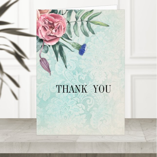 Boho Pink Roses Green Vintag Damask Wedding Dankeskarte (Von Creator hochgeladen)