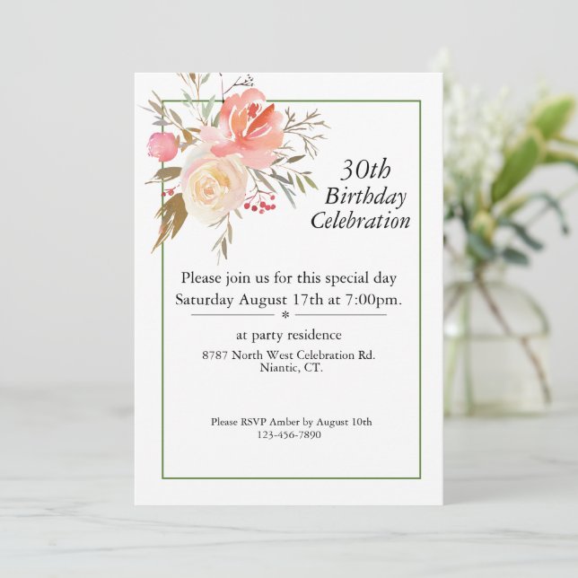 Boho Pink Roses, individualisierbar 30. Geburtstag Einladung (Stehend Vorderseite)