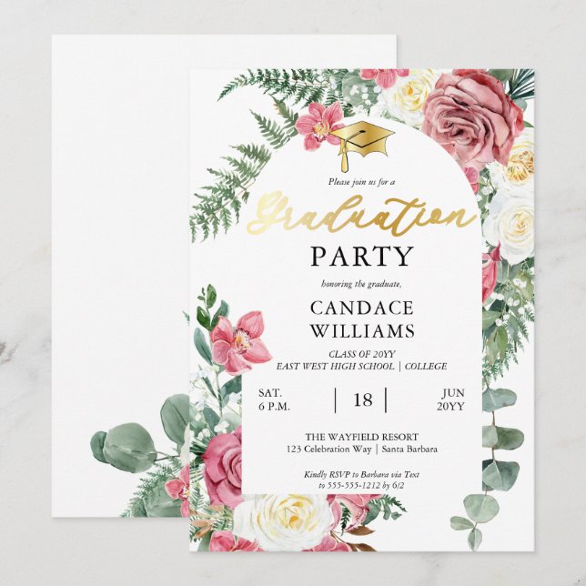 Boho Pink Roses | Orchids Floral Graduation Party Einladung (Vorne/Hinten)