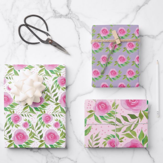 Boho Pink Roses Wasserfarbe Handgestrichen Geschenkpapier Set (Vorderseite)