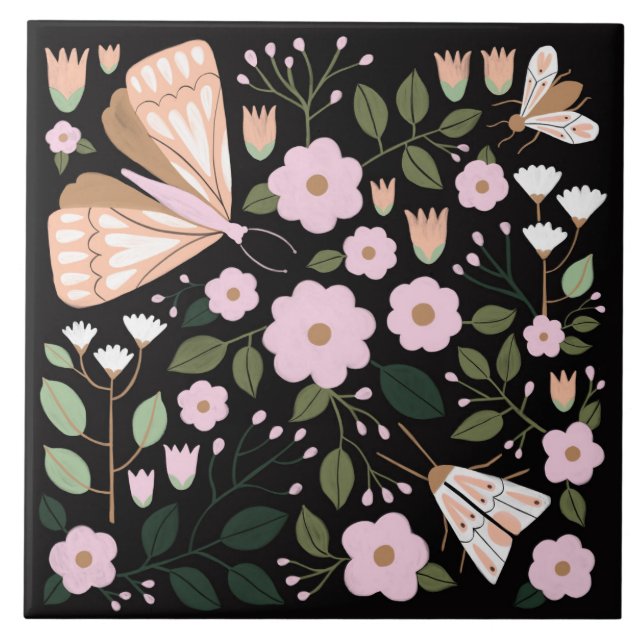 Boho pink schwarz gürtelschwarz-blütenbläserne Sch Fliese (Vorderseite)