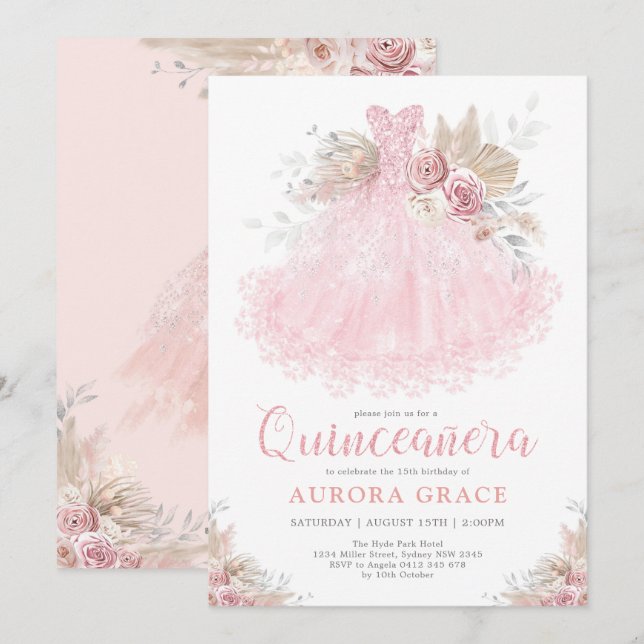 Boho Pink Silver Quinceañera Party Ball Gown Einladung (Vorne/Hinten)