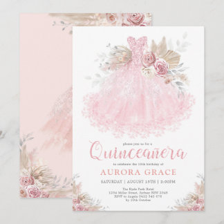 Boho Pink Silver Quinceañera Party Ball Gown Einladung