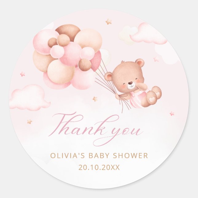 Boho Pink Teddy Bear Girl Babydusche Danke Runder Aufkleber (Vorderseite)