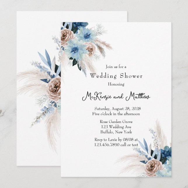 Boho Pink und Blue Peony Bouquet Polterabend Einladung (Vorne/Hinten)
