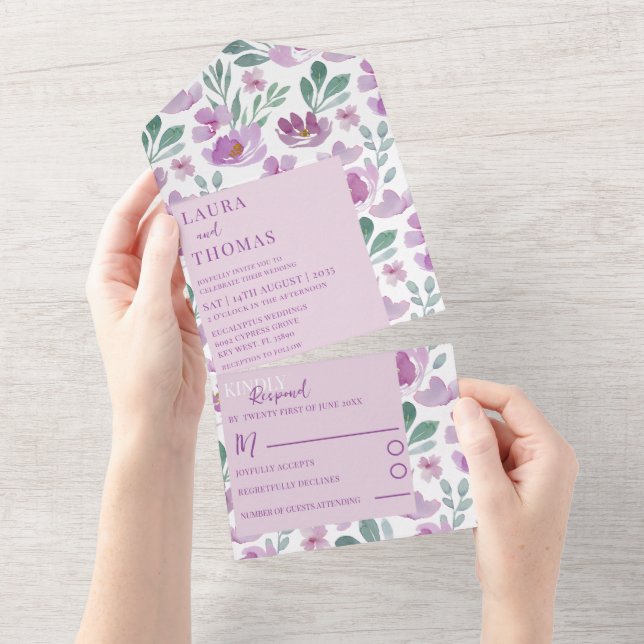 Boho Pink Watercolor Blumenmuster Hochzeit All In One Einladung (Abreißen)