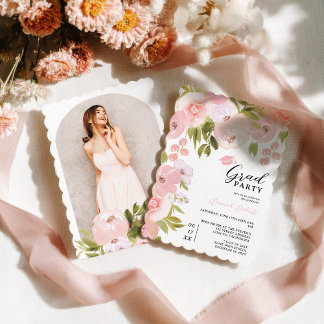Boho Pink Watercolor Floral Photo Graduation Party Einladung