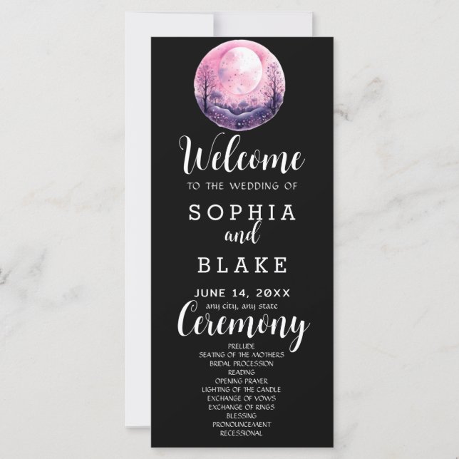Boho Pink & White Full Moon Black Wedding Programm (Vorderseite)