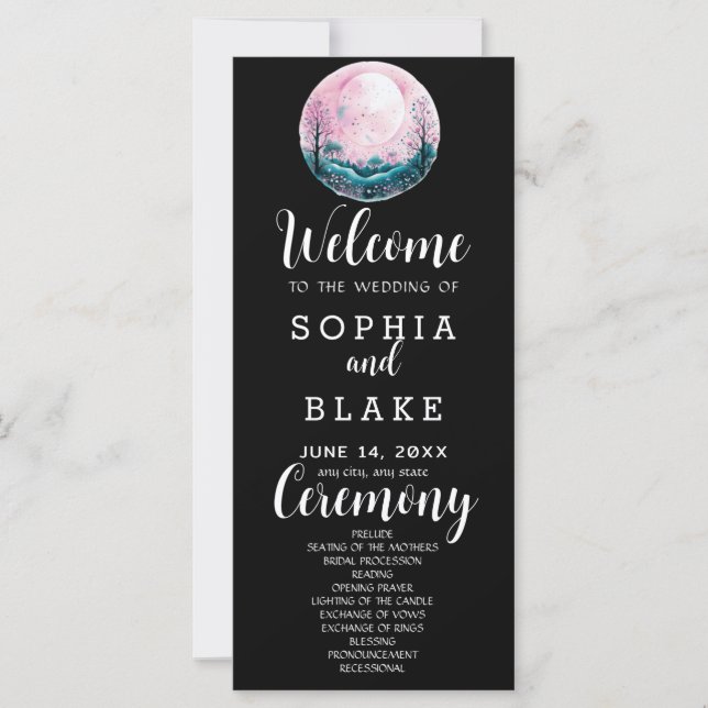 Boho Pink & White Full Moon Black Wedding Programm (Vorderseite)