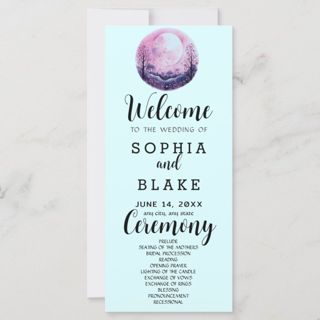 Boho Pink & White Full Moon Blue Wedding Programm (Vorderseite)