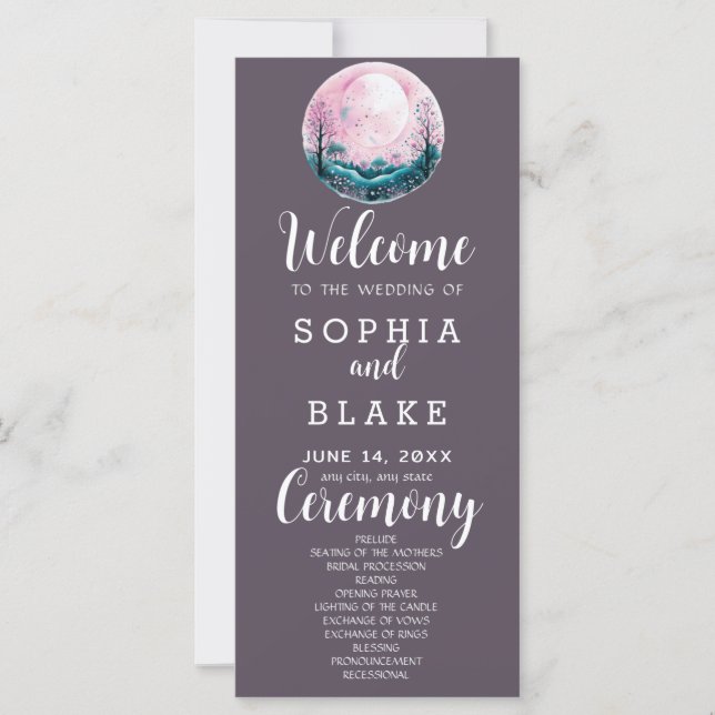 Boho Pink & White Full Moon Gray Wedding Programm (Vorderseite)