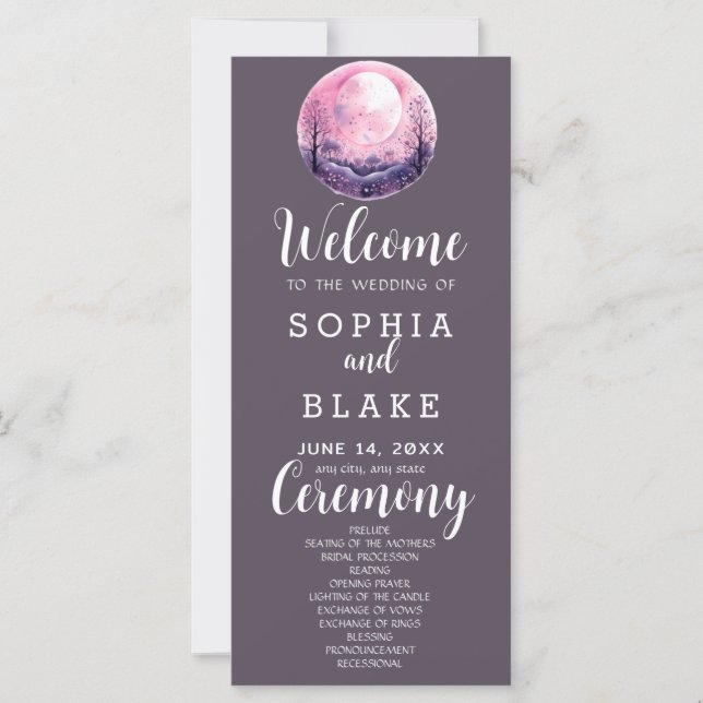 Boho Pink & White Full Moon Gray Wedding Programm (Vorderseite)