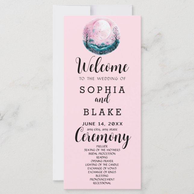 Boho Pink & White Full Moon Pink Wedding Programm (Vorderseite)