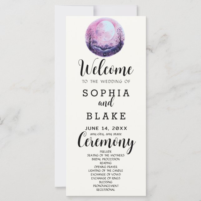 Boho Pink & White Full Moon White Wedding Programm (Vorderseite)