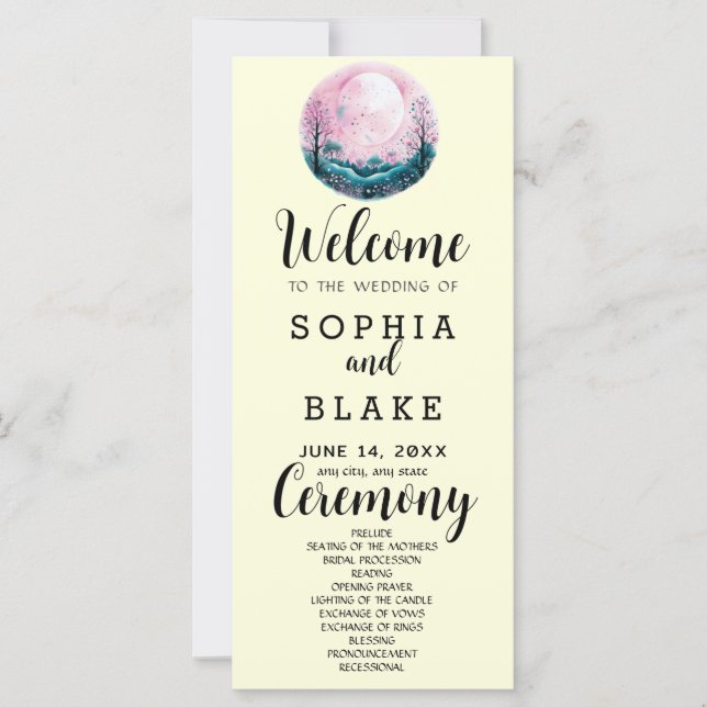 Boho Pink & White Full Moon Yellow Wedding Program (Vorderseite)