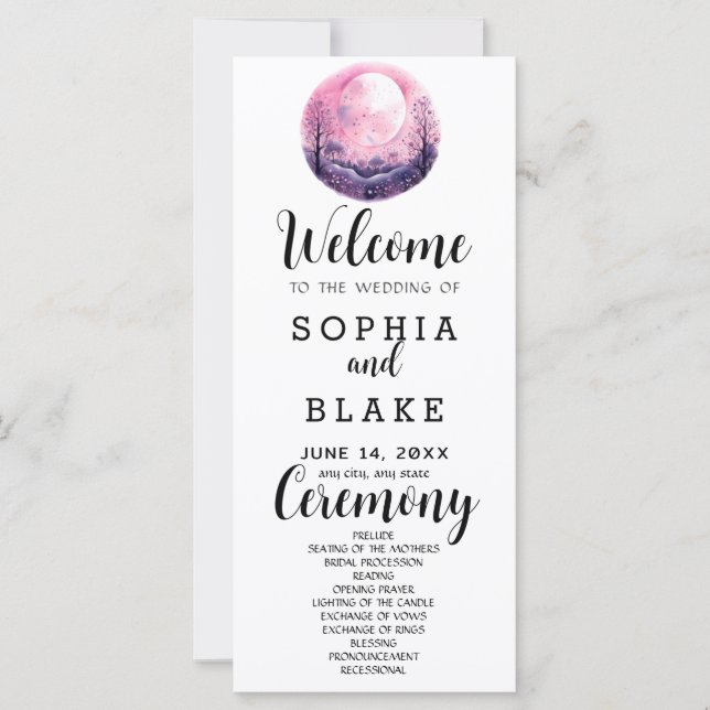 Boho Pink & White Vollmond Weiße Hochzeitsprogramm (Vorderseite)