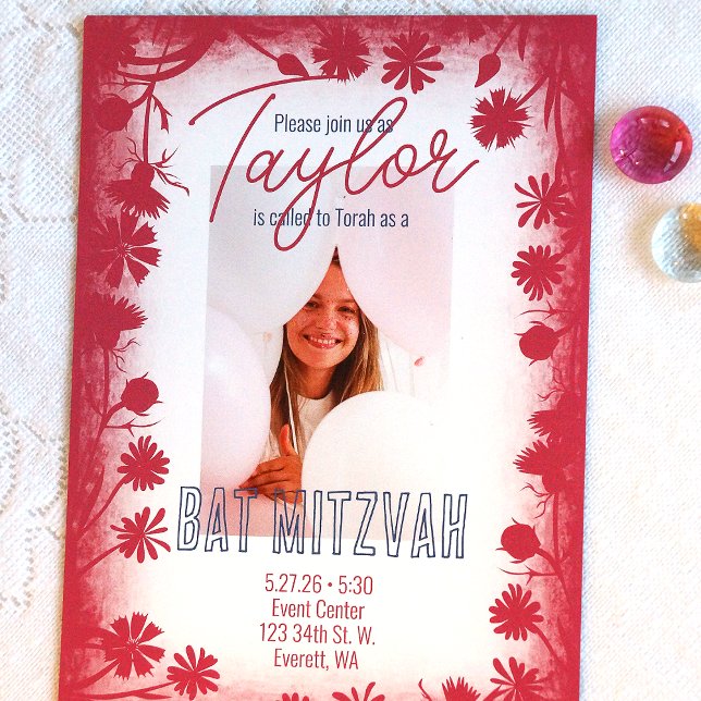 Boho Pink Wilde Blume Rahmen, Bat Mitzvah Foto Einladung (Botanical pink, floral pattern bat mitzvah photo invitations)