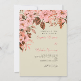 Boho Pinke Blumen-Herbst-Bambus-Hochzeit Einladung