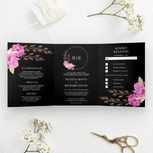 Boho Pinke Orchideen Blumen Hochzeit Alles in Eine Dreifach Gefaltete Einladung