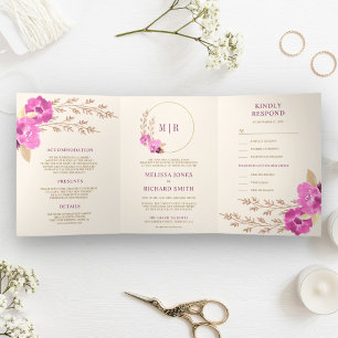 Boho Pinke Orchideen Blumen Hochzeit Alles in Eine Dreifach Gefaltete Einladung