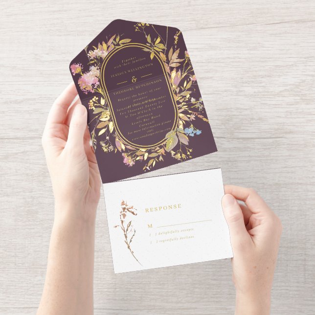 Boho Plum & Gold Wildflower Frame Wedding  All-in-One-Einladung (Abreißstreifen)
