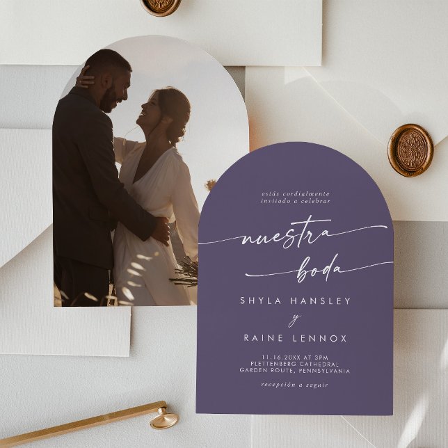 Boho Plum Lila Foto Arch Spanish Wedding Einladung (Von Creator hochgeladen)