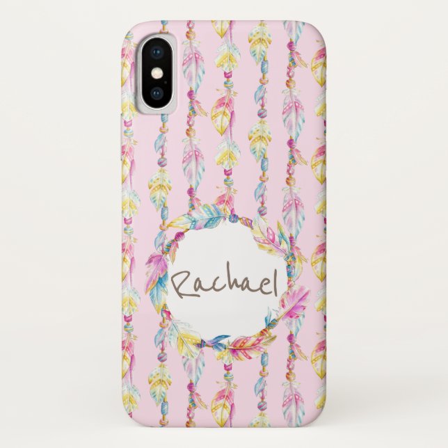 Boho plume aquarelle nom de l'art coque rose (Dos)