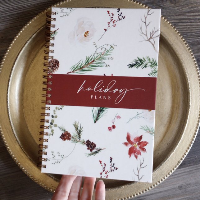 Boho Poinsettia Pine Holly Weihnachtsfeiertag Planer (Boho Christmas Planner - Poinsettia, Pine, Pinecones, Burgundy Woodsy Holiday)