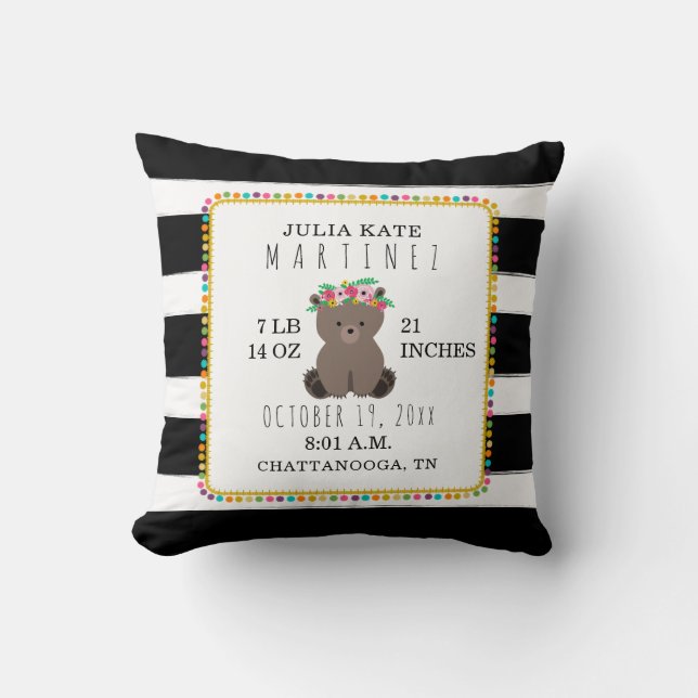 Boho Pompom Stripe Bear Baby Girl Birth Stats Kissen (Vorderseite)