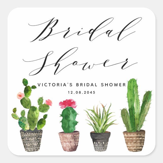Boho Potted Succulents and Cactus Brautparty Quadratischer Aufkleber (Vorderseite)