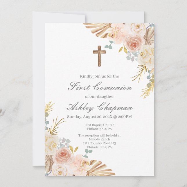 Boho première communion invitation en espagnol (Devant)