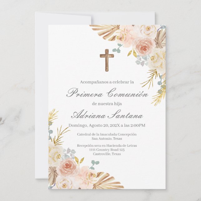 Boho première communion invitation en espagnol (Devant)