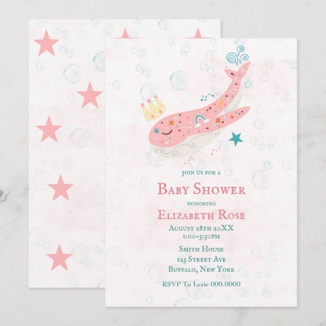 Boho Princess Whale Girl Baby Shower Invitations (Devant / Derrière)