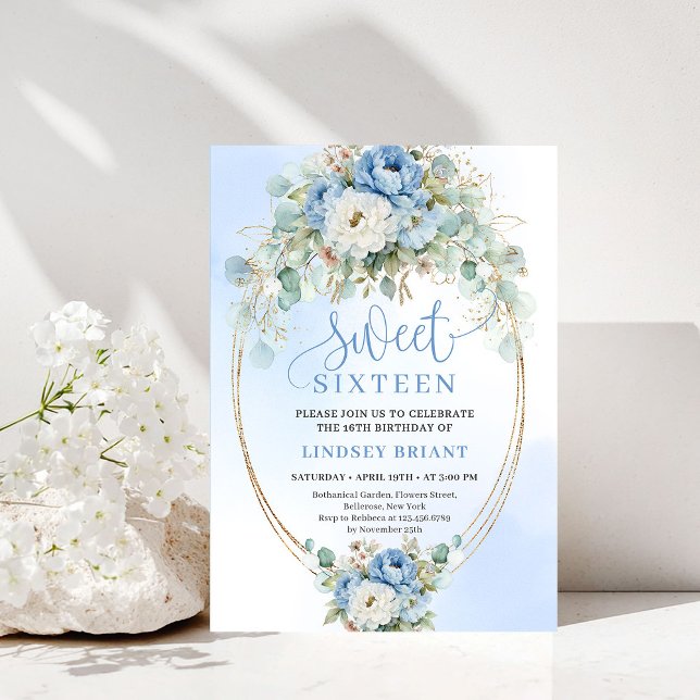 Boho Printable Dusty Blue Peony Gold Sweet Sixteen Einladung (Printable Dusty Blue Peony Gold Sweet Sixteen Party)